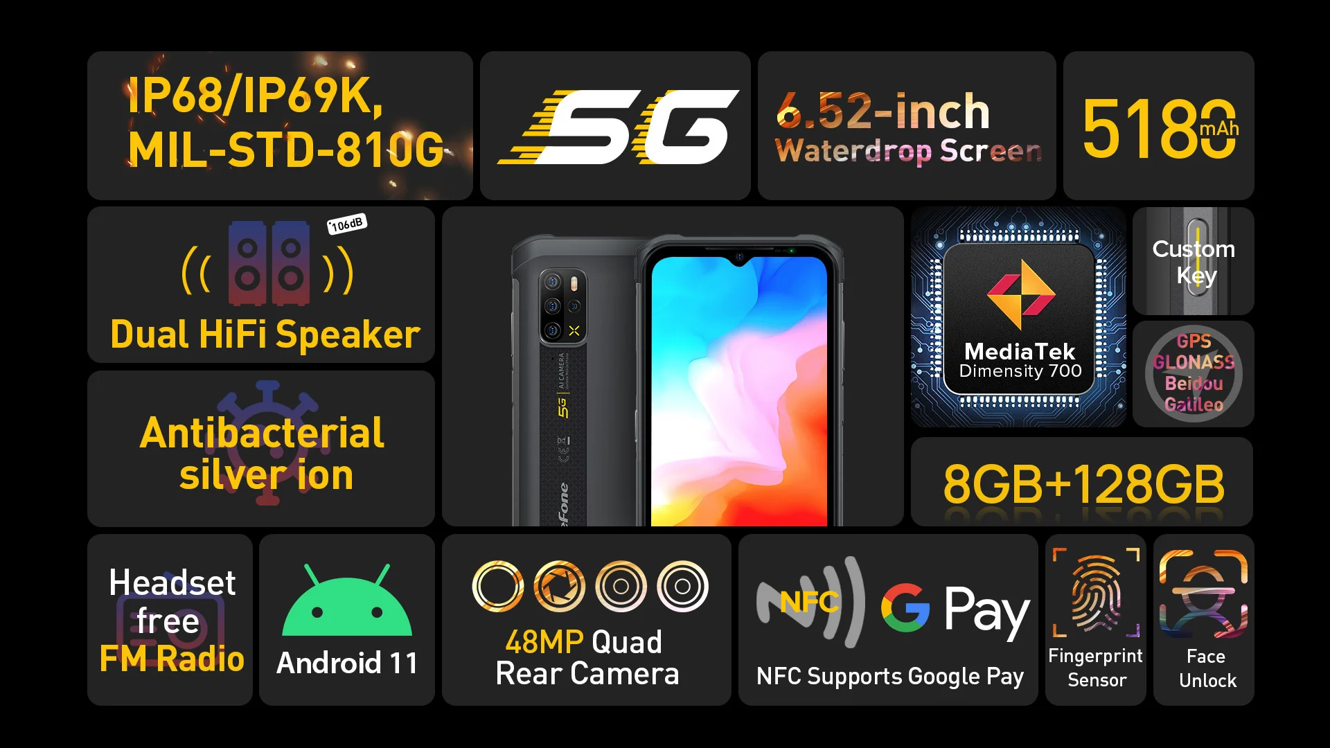 the best 5g cell phone Ulefone Armor 12 5G Smartphone Rugged Phone Android 11 8GB+128GB Global Version 6.52“ Waterproof phone 5180 mAh Wireless Chargin 5g and cell phones