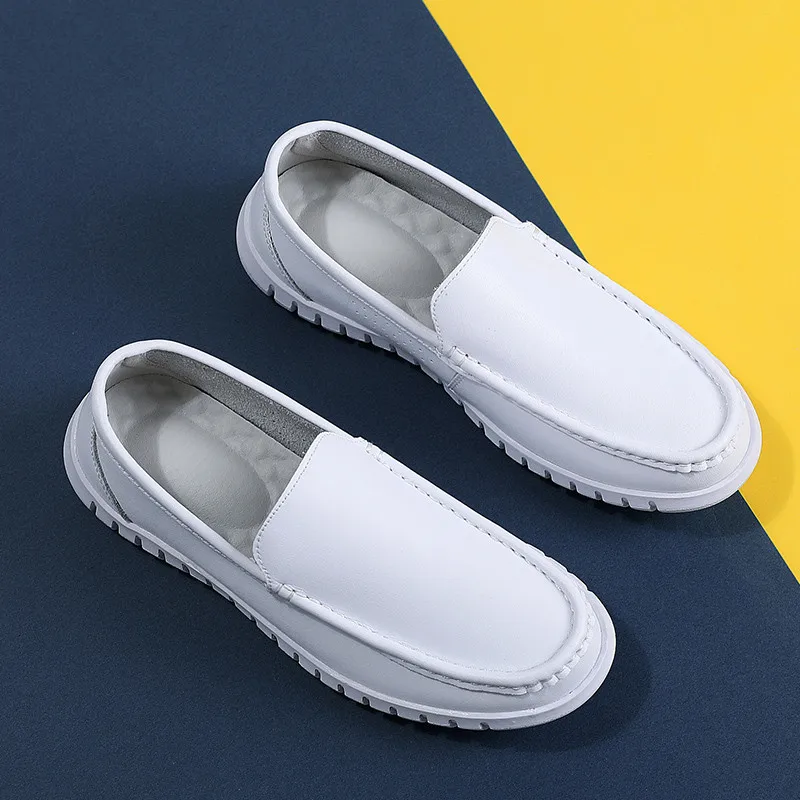 BEYARNENew White Men Casual Shoes Soft Leather Comfortable Doctor Nurse Work Flats Business Loafers Men Designer Shoes