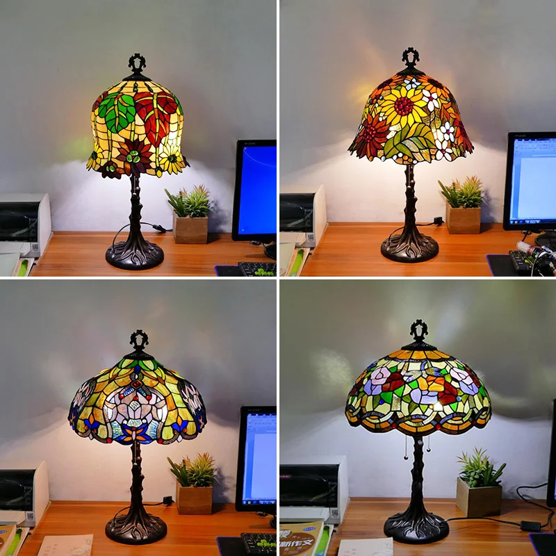 

Retro Tiffany Living Room Table Lamp Bedroom Bedside Cafe Pastoral Light Warm Personality Lamp Creative Color Glass Table Lamps