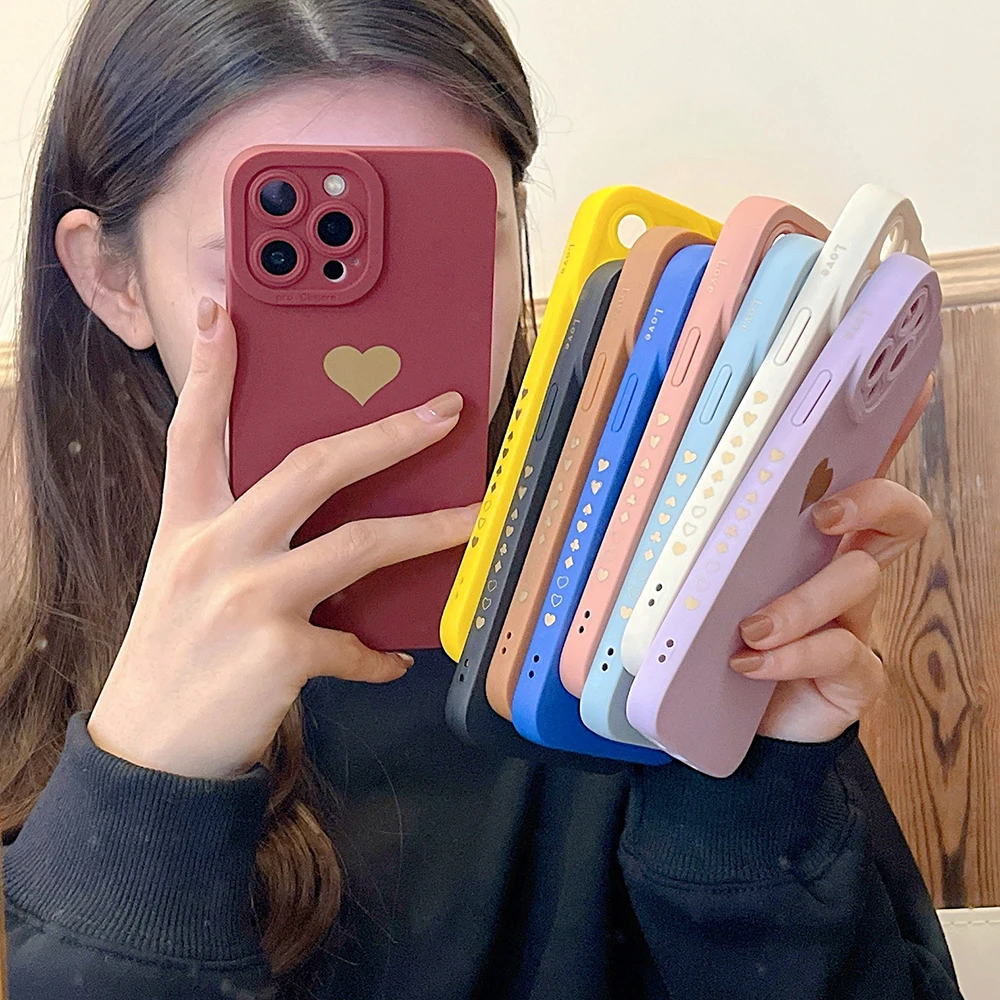 Защитный чехол с позолоченным сердечком для камеры iPhone 13 12 11 Pro Max XR XS X 7 8 Plus Мягкий