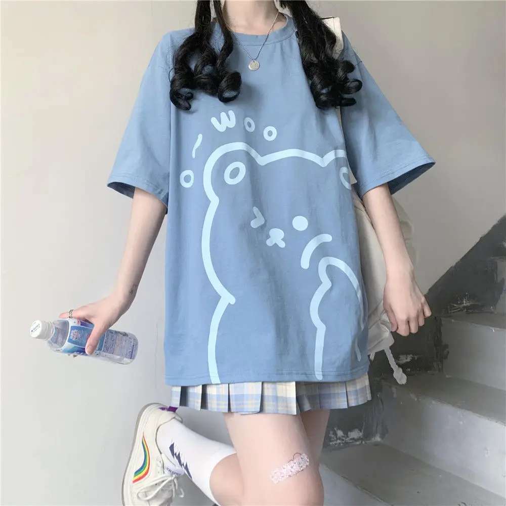 Japanese Casual Cartoon Summer Short-sleeved T-shirt Female Student Loose Soft Girl Cute College Style All-match Loose Top New winter jackets for men