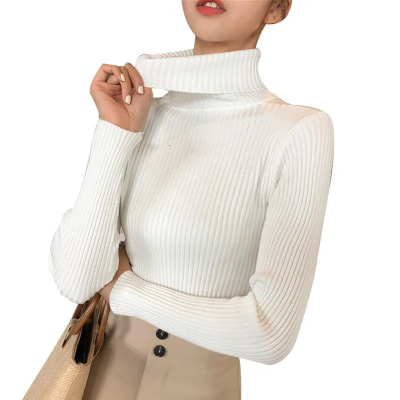 Осенне-зимний женский свитер тонкий мягкий длинный рукав с высоким воротом вязаный пуловер сексуальный тонкий стрейч свитер с высоким воротом - Цвет: Белый