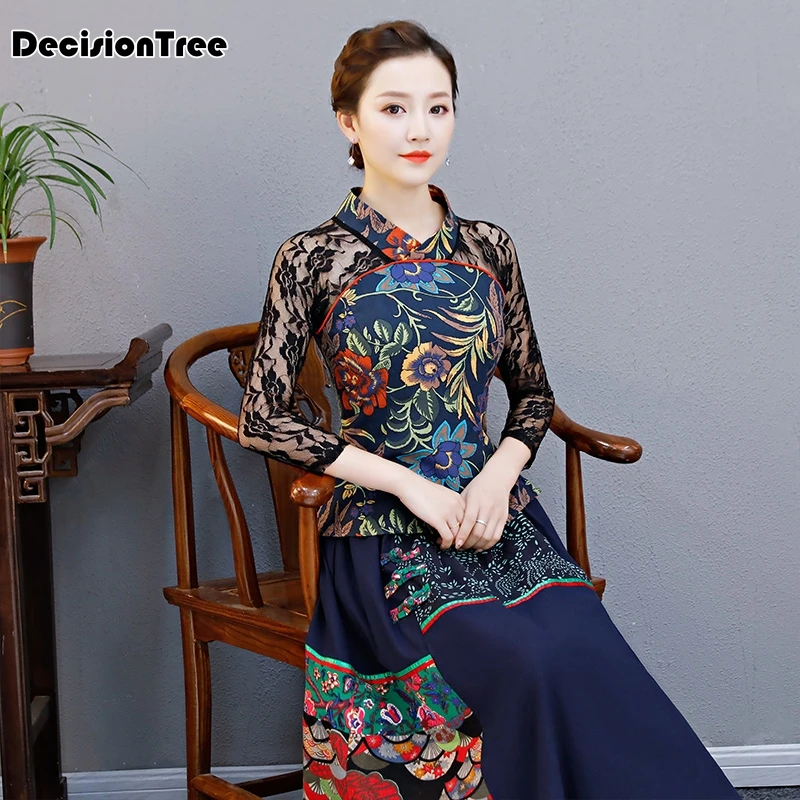 

2019 elegant retro chinese women cheongsam tops embroidered printed qipao tops traditional classic lace sleeves qipao blouse