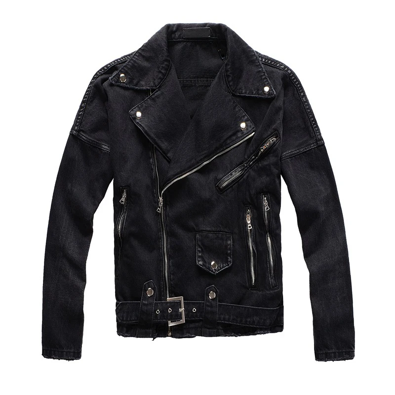 ABOORUN, Мужская джинсовая куртка в стиле панк, мульти молния, ремень, Байкерская джинсовая куртка, черная Облегающая джинсовая куртка для мужчин, R2843