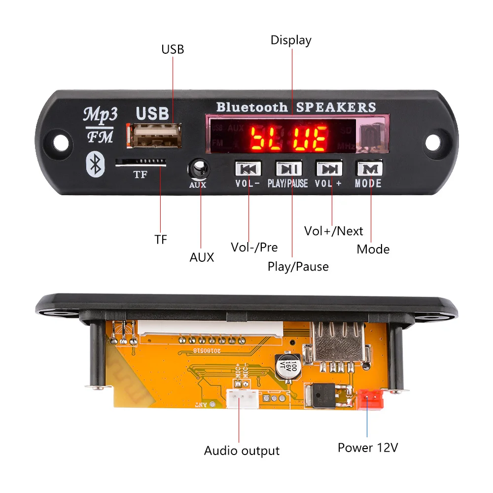 AOSHIKE DC12V/5 В MP3 декодер плата Bluetooth 4,2 аудио декодирование APE FLAC MP3 WMA WAV TF USB звук Aux микрофон DIY модуль