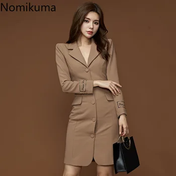 

Nomikuma New Arrival Single Breasted Long Sleeve Slim Dress Women Solid Color Fashionable OL Dresses Office Lady Vestidos 3a091