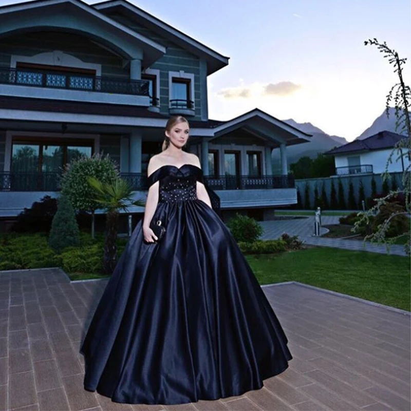 Elegant Black Beaded Ball Gowns Off The Shoulder Floor Length Long Prom Gowns Celebrity Dresses Special Occasion Gowns 2020