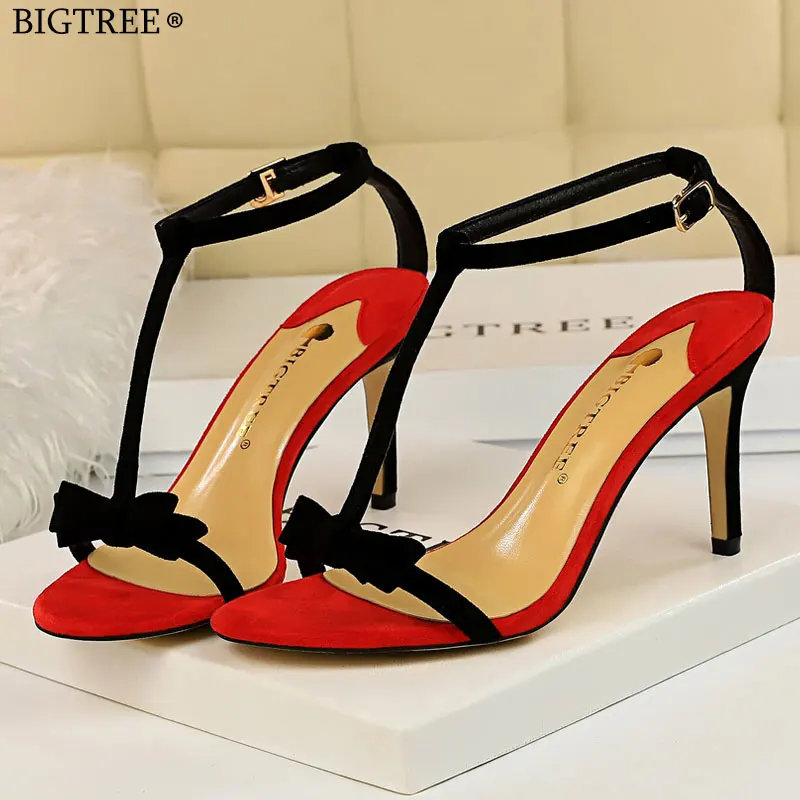 

BIGTREE fashion sweet high heel flock mixed colors matching T word belt small butterfly-knot open toe sandalias mujer 2019