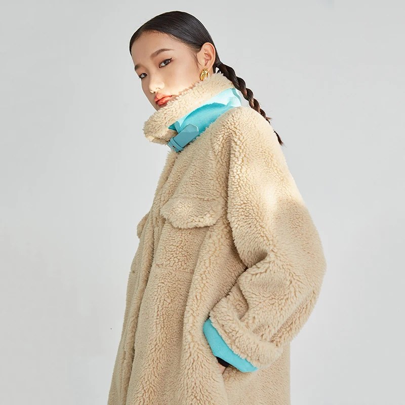 [EAM] Свободная куртка из овечьей шерсти с разрезом большого размера, новинка, стоячий воротник, длинный рукав, Женское пальто, модное, Осень-зима, 1M057