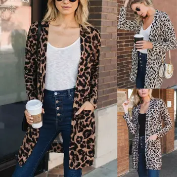 

Spring Autumn Women Leopard Leisure Long Cardigan Poncho Long Sleeve Sweater Overcoat Female Lady Outwear Coats Jumper Tops
