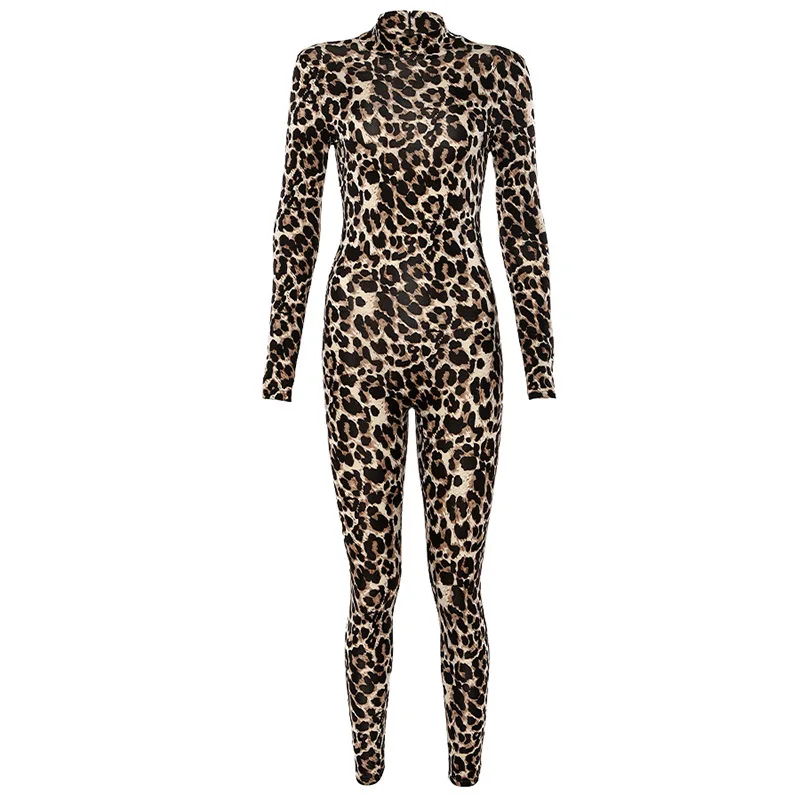 leopard Shstyle, Леопардовый облегающий сексуальный женский комбинезон, на молнии, водолазка, животный принт, Осень-зима, пуш-ап, клубный, Ночной комбинезон, женский - Цвет: leopard