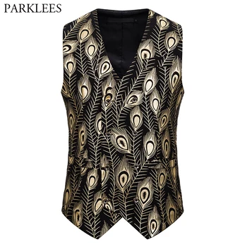 

Peacock Feather Gold Print Party Vests Mens Double Breasted Slim Fit Dress Vest Waistcoat Male Wedding Groom Prom Chaleco Hombre
