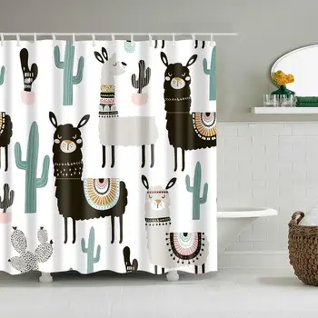 

Waterproof Thicken White Black Alpaca Cactus Bathroom Polyester Mildew Proof Bath Tub Shower Curtain with 12 pcs Hooks