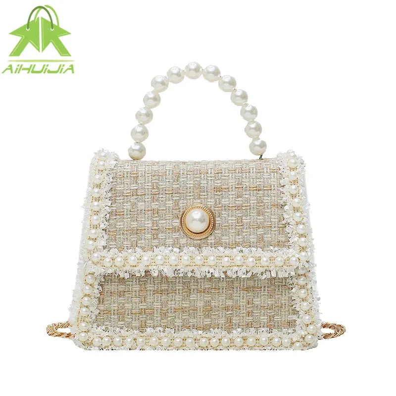 

Elegant Female Pearl Tote Bag 2020 Fashion New High Quality Woolen Women's Designer Handbag Chain Shoulder Messenger Bag Purses