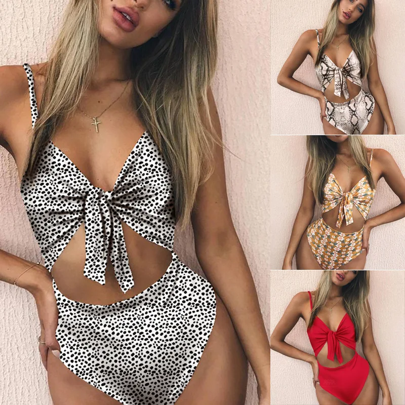 

2020 women summer Sexy Lady Serpentine leopard Swimsuit playa mujer Swimwear one piece Siamese Multicolor Chest Knot Hollow Out