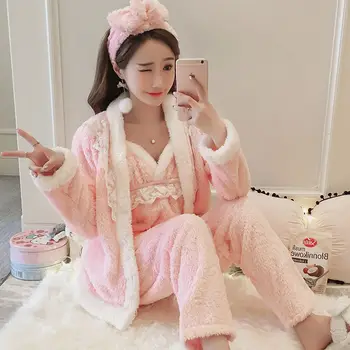 

Lovely Pink Pajama Women High Quality Soft Thicken Flannel Female Warm Winter Pajama Set Long Sleeve Trousers Homewear 3 Piece
