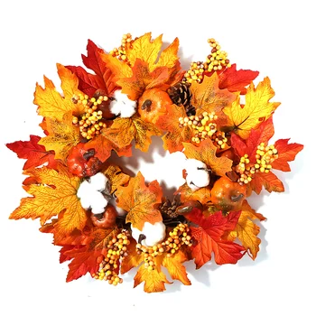 

Fall Wreath with Lights Autumn Wreath Artificial Mini Pumpkins Maple Leaves Hanging Wreath for Halloween Thanksgiving HFing