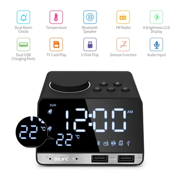 

Digital Alarm Clock Bluetooth Radio Alarm Clock Speaker Temperature 2 USB Ports LED Display Home Decoration Snooze Table Clock
