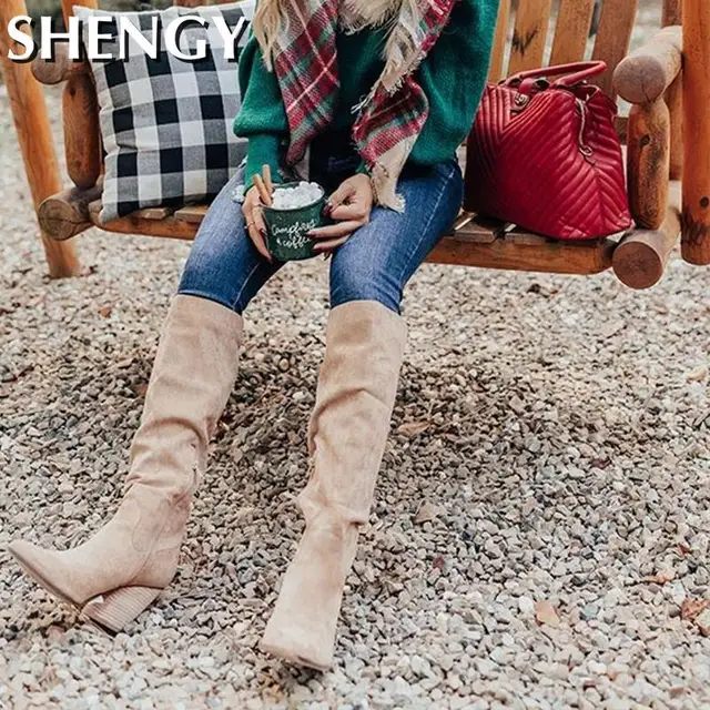 Botas por encima de la rodilla para mujer, zapatos sexys de Punta Alta, Aterciopelados, sin cordones, elegantes, para fiesta, Invierno