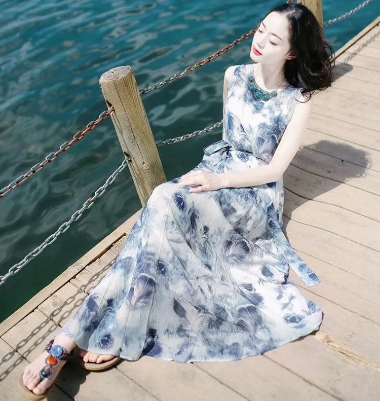 

808 # Summer WOMEN'S Dress Slim Fit Sleeveless Chiffon Dress Bohemian Long Skirts Seaside Holiday Beach Skirt