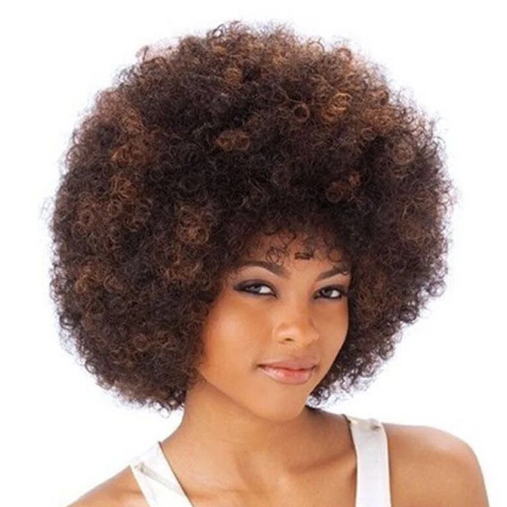 Peluca Afro corto esponjoso cabello pelucas para mujeres negras rizado pelo sintético para la fiesta de Cosplay para baile pelucas con flequillo