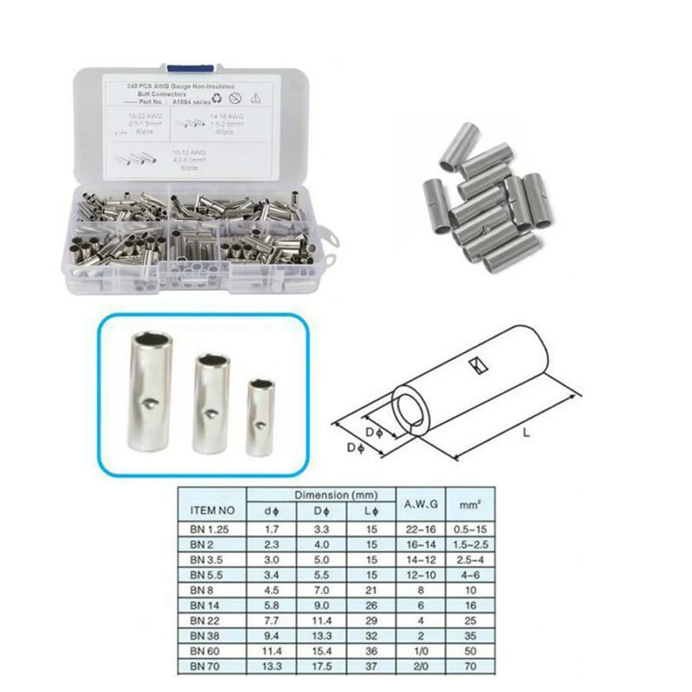 240 шт. автомобильные проволочные стыковые соединители обжимные клеммы неизолированные 22-18 16-14 12-10 AWG Калибровочные клеммы автомобильные проволочные стыковые соединители