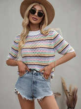  MAYCAUR 2022 Spring and Summer New Stitching Hollow Knit Sweater Loose Round Neck Striped Sweater Women 