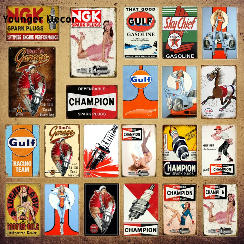 That-Good-Gulf-Gasoline-NGK-Spark-Plugs-Vintage-Decor-Motor-Oil-Metal