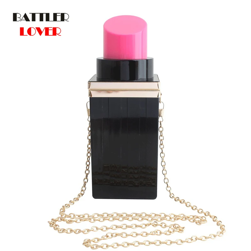 Women Acrylic Lipstick Shape Evening Bags Vintage Banquet Purses Clutch Chain Handbag for Female