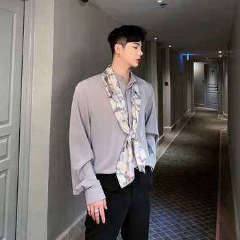 

Men Autumn Long Sleeve Tie Bow Collar Loose Casual Shirts Male Women Streetwear Party Dress Shirt Stage Show Lovers Clothing