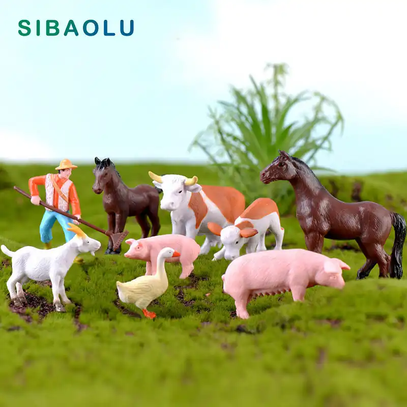 Diy trabalhador agrícola porco cavalo vaca ovelha pato animal modelo estatueta cabra casa decoração em miniatura fada jardim decoração acessórios