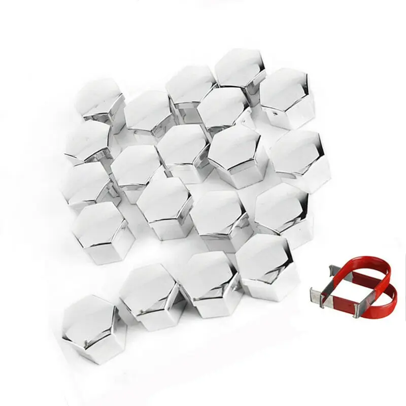 20pcs 19mm Chrome Silver Car Wheel Nut Bolt Head Cover Cap Exterior Decoration Protective Bolt Caps + 2pcs Clips Removal Tool
