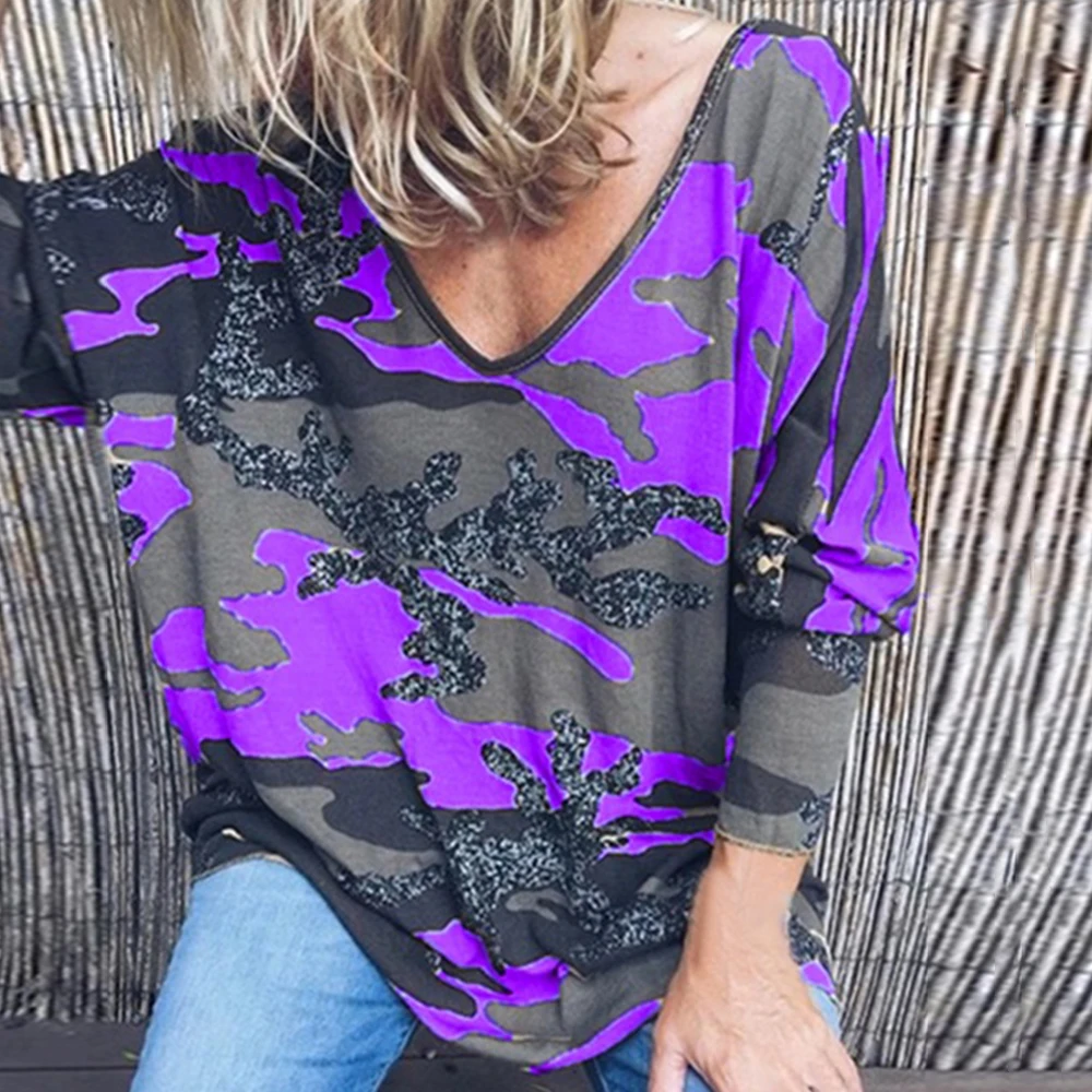 Purple CALOFE осень новое поступление Футболка с принтом женская Свободная футболка с v-образным вырезом и длинным рукавом Повседневные топы женская уличная одежда большого размера 5XL - Цвет: Purple