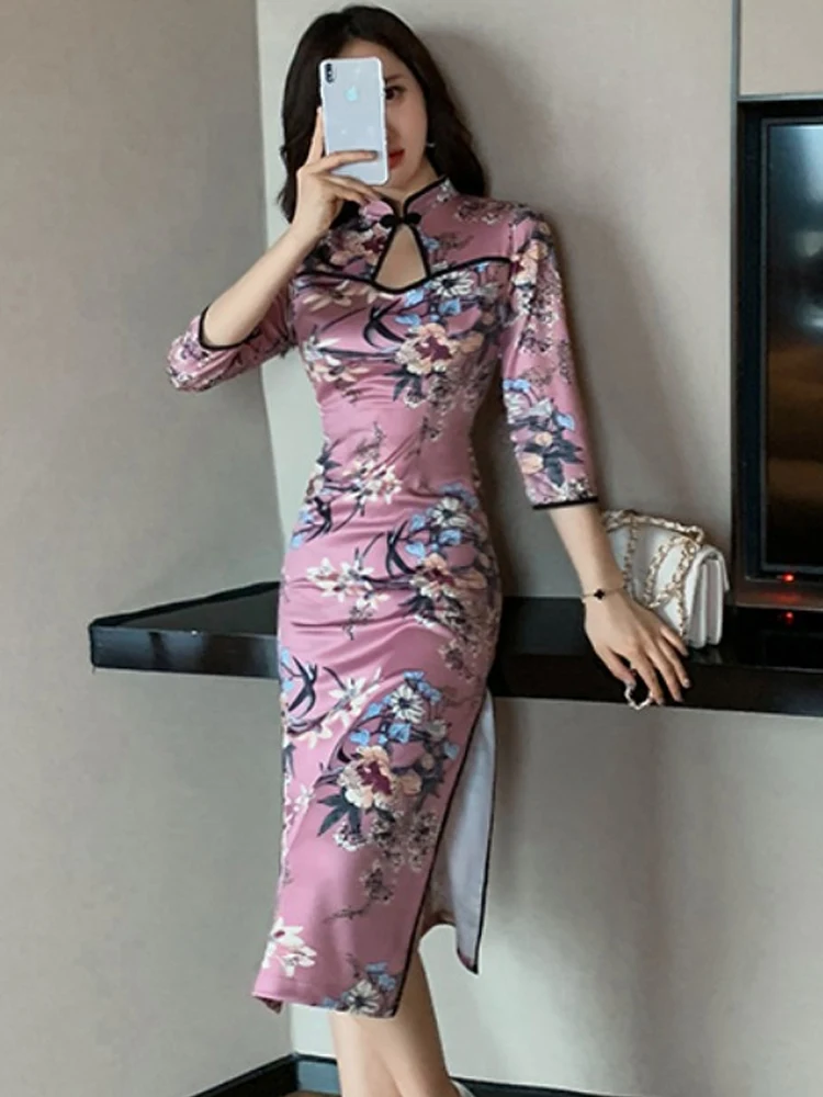 Китайское платье вечернее платье сексуальное cheongsam современное Открытое платье Ципао с коротким рукавом элегантное платье Ципао с разрезом цветочный принт Ципао