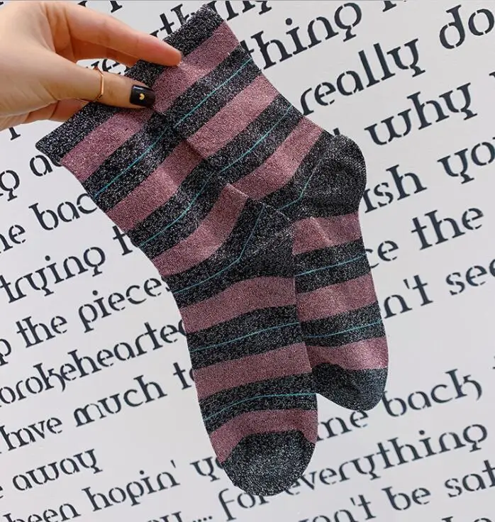 Женские однотонные металлические люрексы набор носков до лодыжек девушки наклейки на ногти полосы короткие носки женские летние носки 5 пар/лот AL210SC - Цвет: Pink Stripes