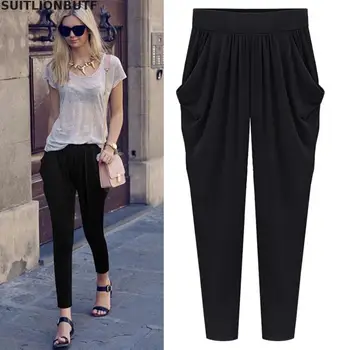 

M-5XL Plus Size Summer Pants Women High Elastic Solid Ankle-length Pants Mid Waist Pocket Front Pleated Streetwear Harem Pants
