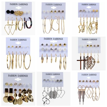 

6-9Pairs/Set 2020 New Trendy Alloy Earrings Set Drop Dangle Hoop Stud Earrings For Women Fashion Jewelry