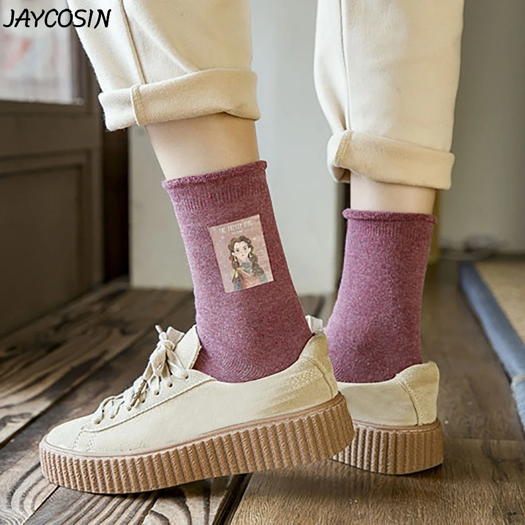 JAYCOSIN 1 пара, модные свернутые теплые носки, женские хлопковые носки с мультяшным принтом, удобные короткие носки Harajuku, женские забавные носки