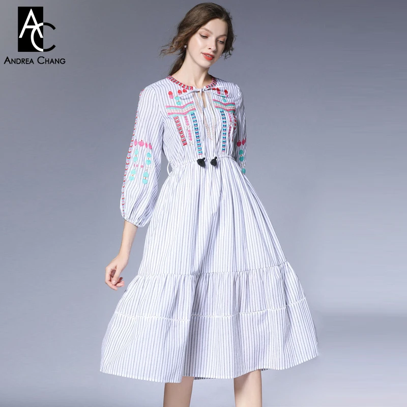 

S-XL spring autumn woman dress pink green geometric pattern embroidery chest white strip dress calf length lantern sleeve dress