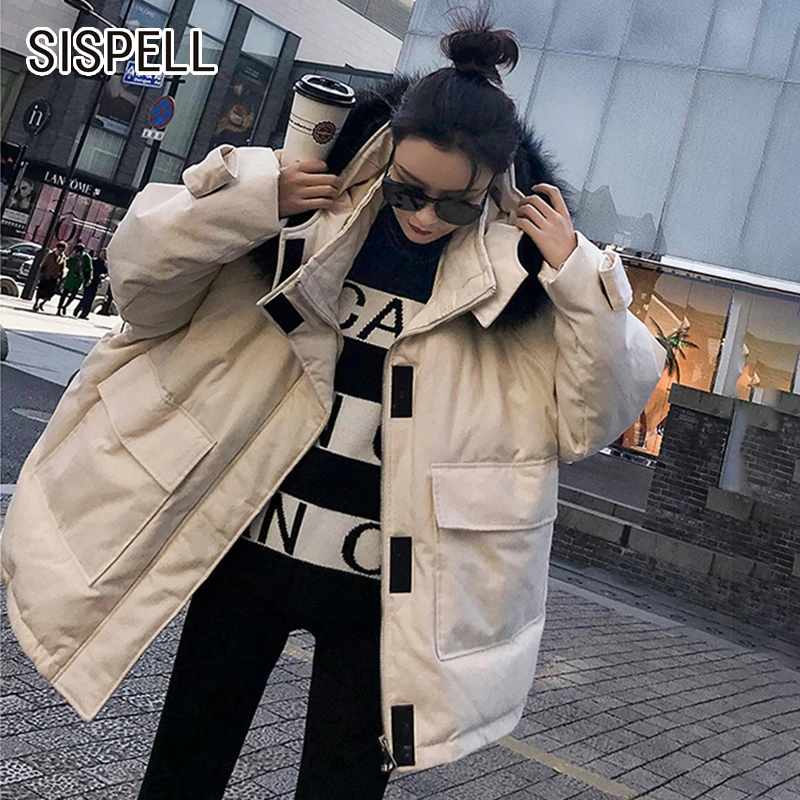 SISPELL зимняя куртка для женщин с капюшоном воротник лоскутный мех длинный рукав хлопковое пальто женская теплая Толстая Мода Новинка Повседневная