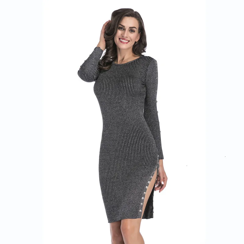 

Causal Sweater Dress Women O-Neck Long Sleeve Button Side Split Autumn Winter Pencil Dress New Fashion Party Dress Vestidos 2020