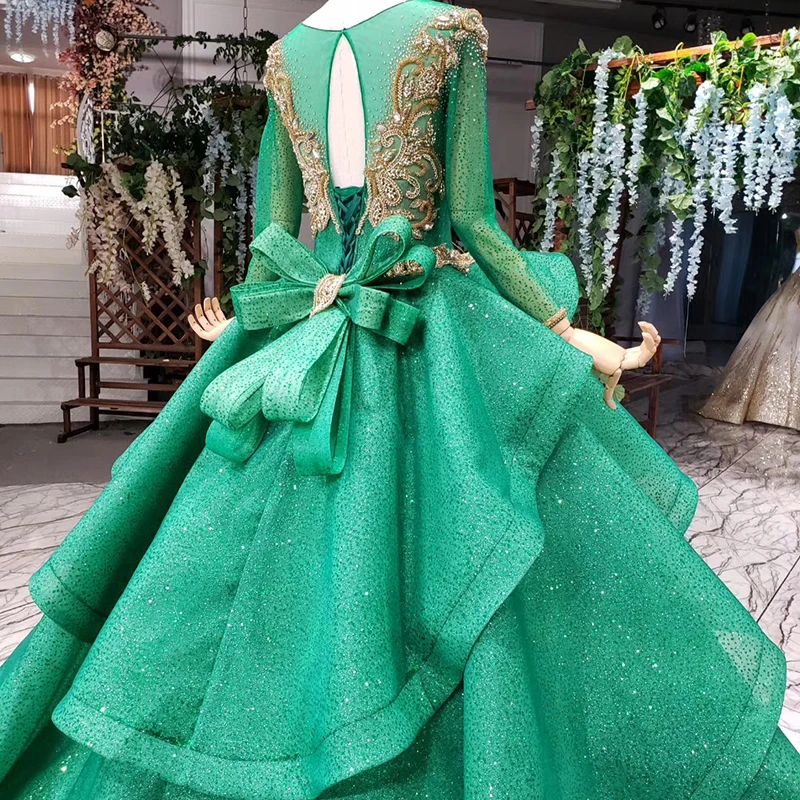 HTL989 зеленое вечернее платье с длинным рукавом и круглым вырезом, длинное платье с золотыми бусинами и бантом, вечерние платья для женщин, vestido de noche largo