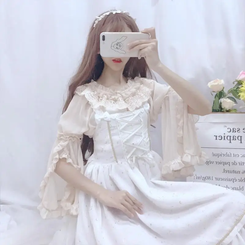 Японский каваи девушка сладкий Лолита рубашка Винтаж Кружева slash шеи с расклешенными рукавами викторианская рубашка принцесса Готический