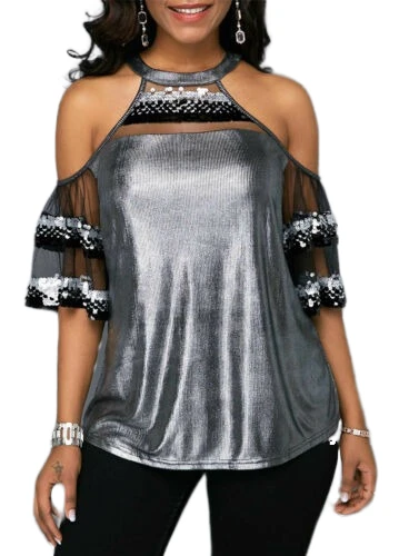 

2019 Women Sexy Off Shoulder Sequins T-Shirt Summer Holiday Ladies Loose Short Sleeve Bling Casual T Shirt Tops