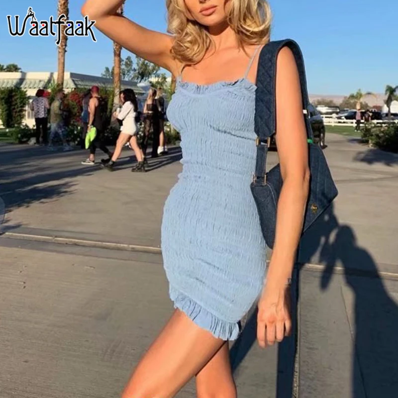 Waatfaak однотонное синее летнее платье с оборками женское повседневное облегающее