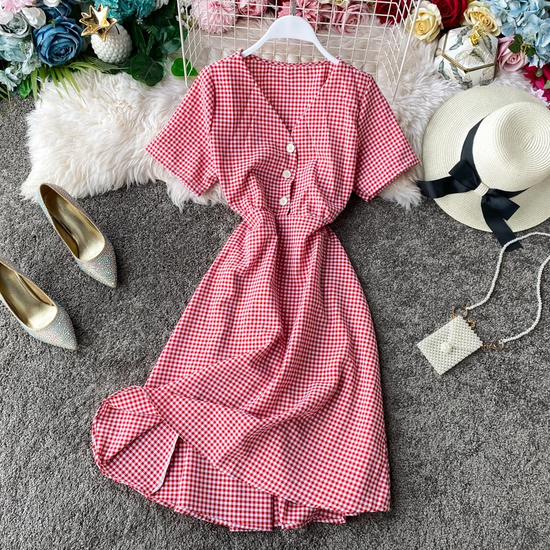 Teeuiear Slim Vintage V Neck Plaid Print Button Dress Slim ladies Summer Midi dress vestido de festa Party Women a-line Dresses