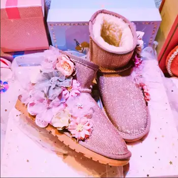 

Flash face Korean version of the flower manual low tube flat short tube female snow boots cotton shoes
