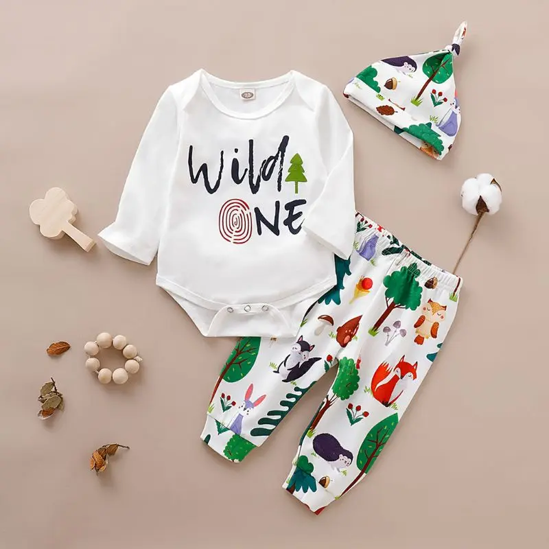 3pcs Casual Baby Girl Boy Outfits Romper Tops+Cartoon Animals Pants+Hat 0-18M
