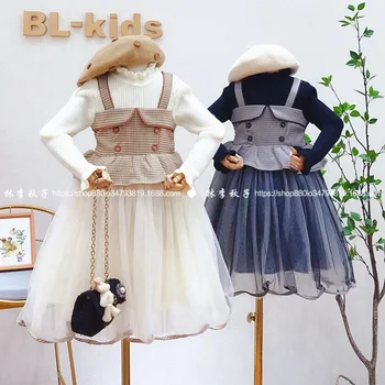 

Children's fake two-piece dress 2020 autumn and winter new foreign style lattice mesh stitching knitted long-sleeved dress