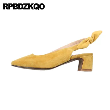 

slingback size 33 chunky thick women ladies yellow shoes black genuine leather korean high quality suede square toe pumps bow